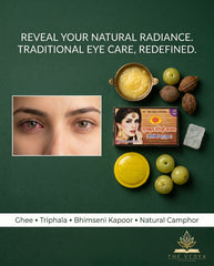 Traditional eye care products with ingredients and a promotional message on a green background.