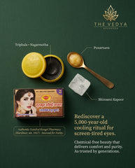 Vedical product with ingredients and packaging on a green background, featuring The Vedya Ayurveda brand.
