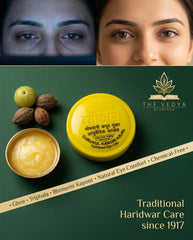 Product packaging with ingredients on a green background, featuring The Vedya Ayurveda brand.