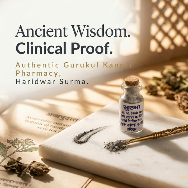 Small bottle with a cork lid on a white surface with text about 'Ancient Wisdom' and 'Clinical Proof'.
